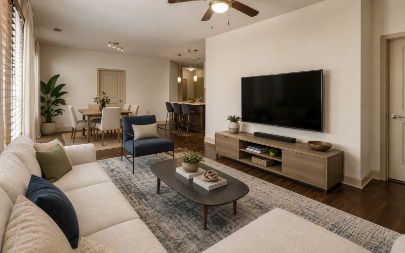 a living room with a rug and a couch